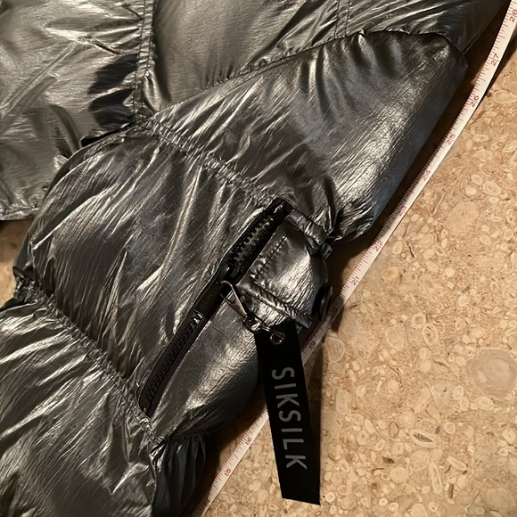 NWT- SIK SILK MENS XL PADDED PARKA w FUR HOOD in METALLIC SILVER & BLACK TRIM - Picture 13 of 16